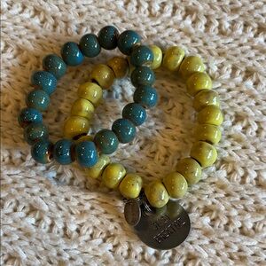 Handmade Yellow and Teal Beaded Bracelet Set - 'Just Breathe' Charm